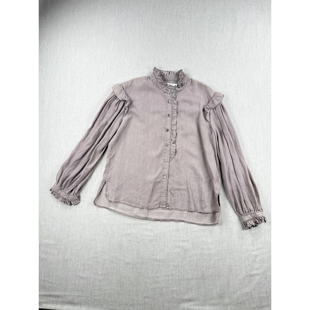 Rebecca Minkoff Taupe Grey Ruffle Tencel Blouse Mock Neck Long Sleeve Top M